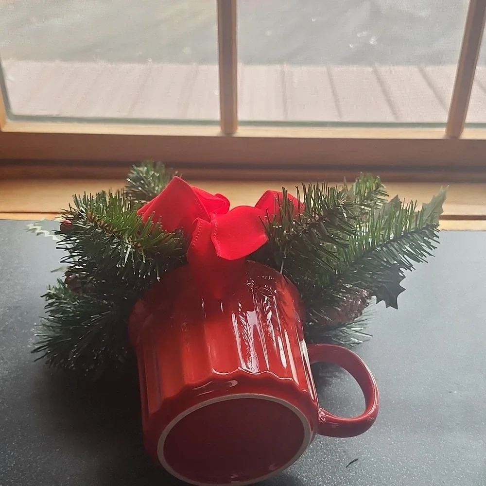 Artificial Pine and Holly Christmas Arrangement in Red‎ Mug with Snowman